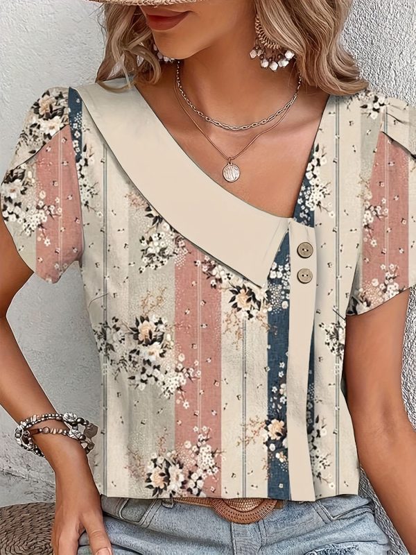 Plus Size Casual Top, Women's Plus Colorblock Floral Print Petal Sleeve Irregular Neck Button Decor