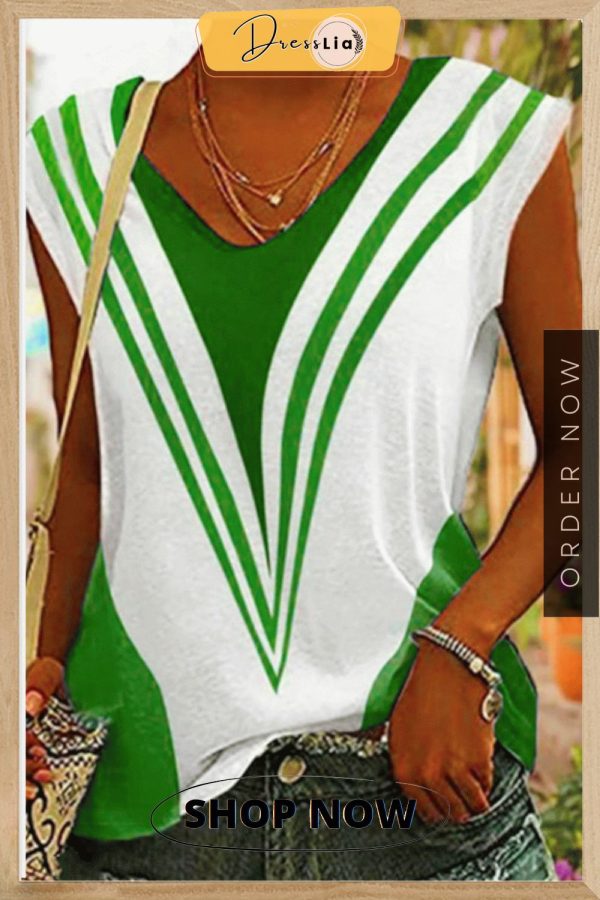 Casual Striped Patchwork V Neck T-shirts(3 Colors)