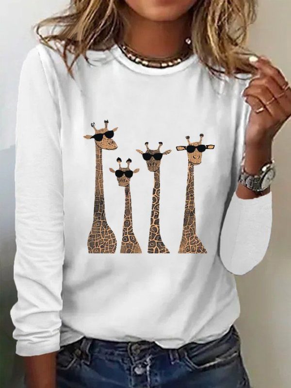 Women Casual Spring/Fall Deer Loose Long Sleeve Crew Neck Regular H-Line Medium Elasticity T-shirts