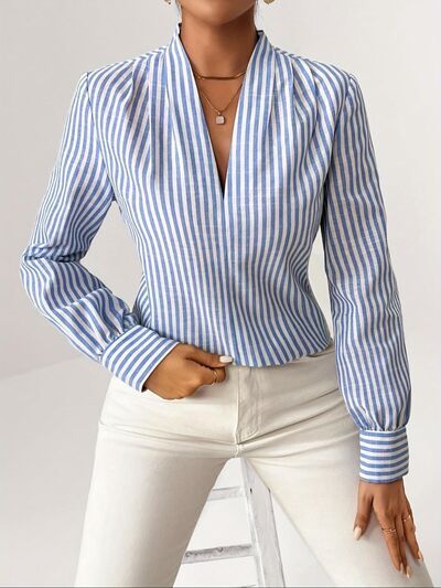 Hazel Blues® |  Striped Button Detail Long Sleeve Shirt - Light Blue / M