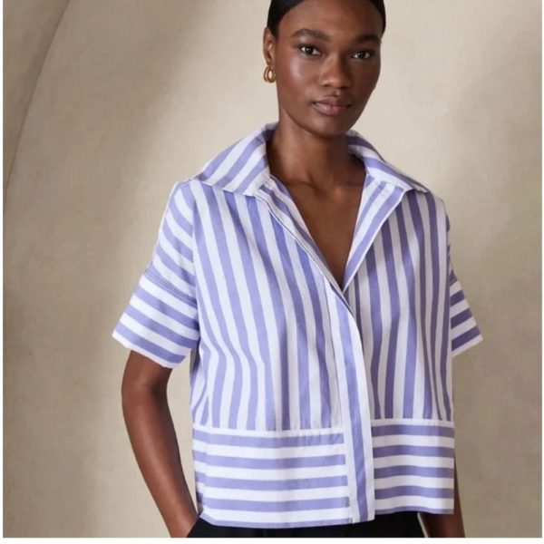 Banana Republic Tops | Banana Republic Laurel French Cuff Shirt Blue Stripe Women Size L Short Sleeves | Color: Purple/White | Size: L