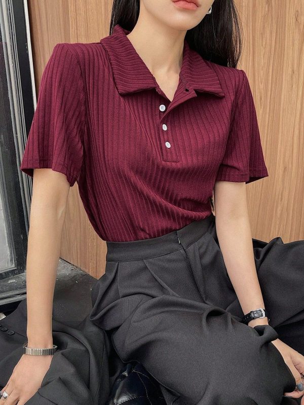 Solid Color Button Placket Henley Neck Ribbed Short Sleeve T-Shirt Summer