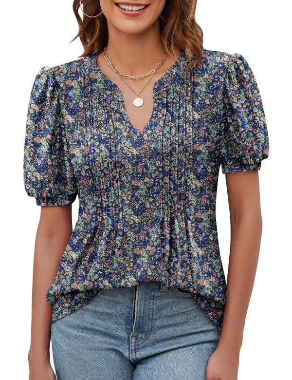 Micoson Womens Short Sleeve Summer Tops, 2025 Fashion Eyelet Tunic Blouse, V Neck Puff Sleeve Pleated T Shirts