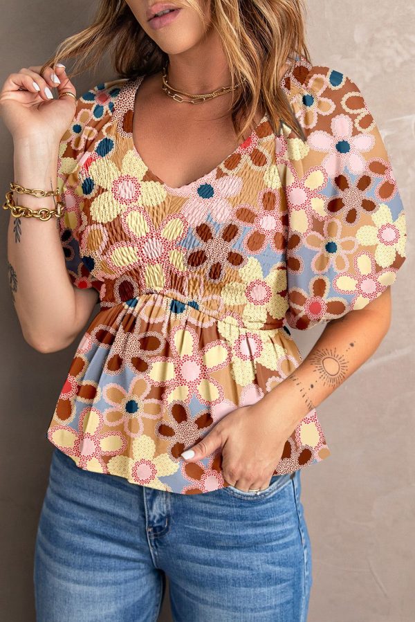 Hazel Blues® |  Smocked Printed V-Neck Half Sleeve Blouse - Multicolor / L