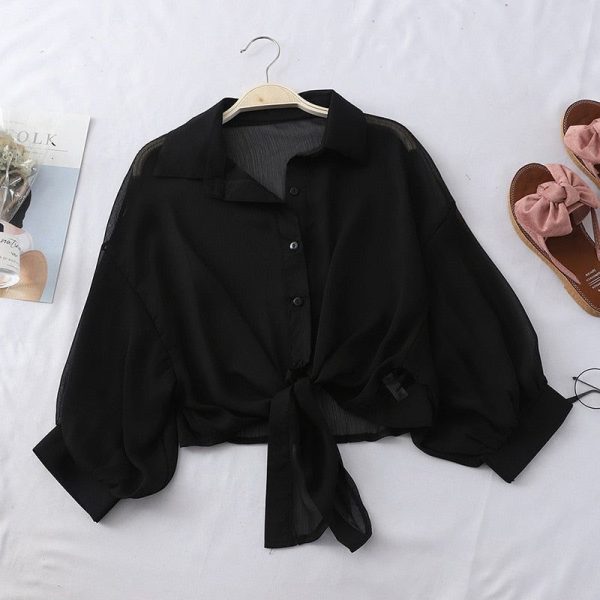 Chiffon Shirts Women 2020 Summer Half Sleeve Buttoned Up Shirt Loose Casual Blouse Tied Waist Elegant Blouses For Women black-One Size