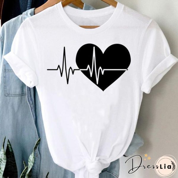 Tee Women Top Leopard Love Heart Cute Clothes Lady Casual Short Sleeve Fashion