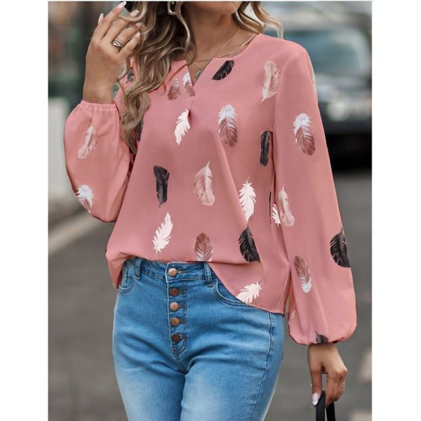 Fashion Woman Blouse Shirts For Women Stylish Top long Sleeve Feather Pattern Female Tops Elegant