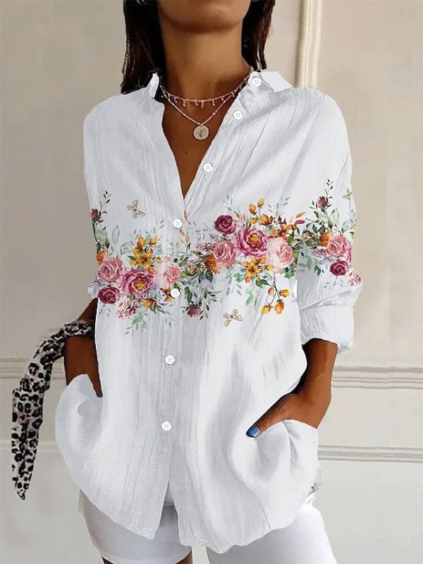 Women's Shirt Floral Graphic Daily Stylish Retro Vintage 3/4 Length Sleeve Shirt Collar Regular Tops Daily Holiday Going out Buttons White Summer Spring 2025 - $32.99