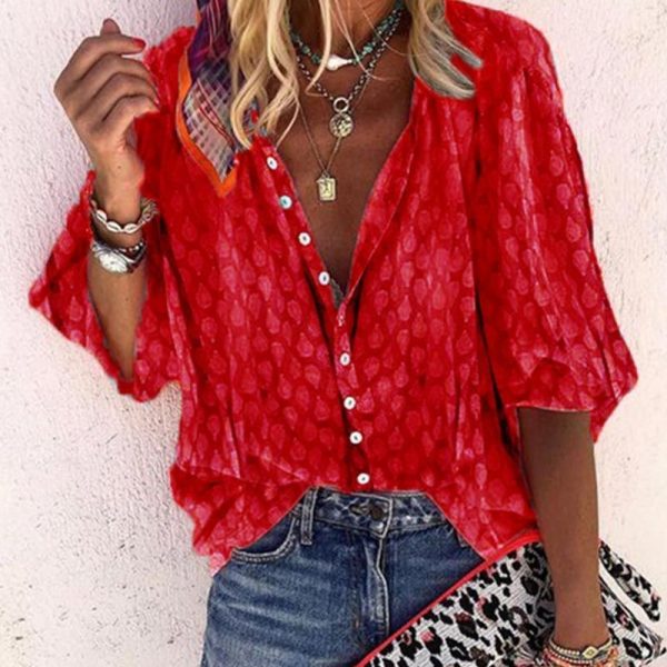Gentillove Casual Long Sleeve Polka Dot Loose Tops and Blouses Elegant V Neck Long Sleeve Shirts Vintage Tops Chiffon Blouse Red-M