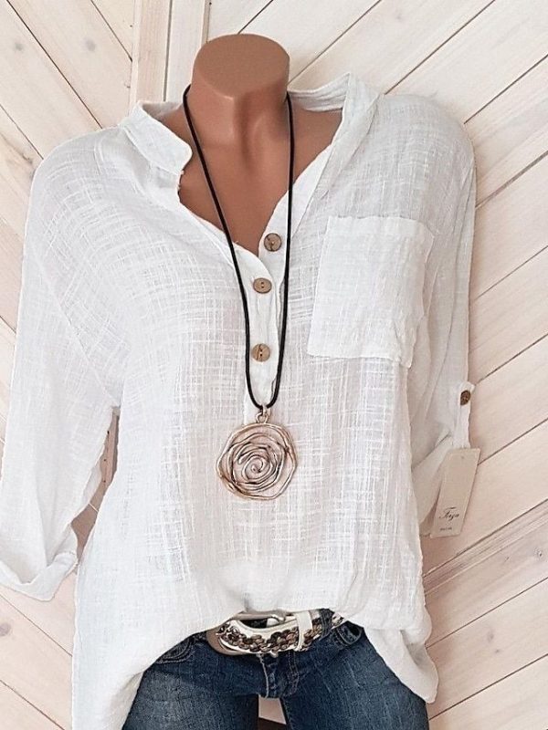 Women's Linen Shirt Long Cotton Top White Cotton Top White Cotton Blouse Solid Color Fashion V Neck Street Daily Buttons White Pink Red Blue Fuchsia Spring &  Fall 2025 - $25.99