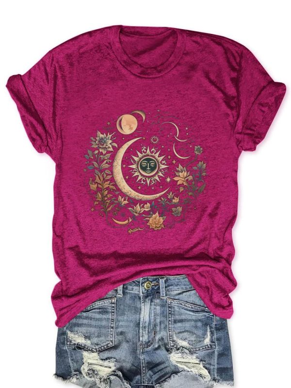 MZEAZRK Women Mystic Moon and Sun Flower Shirt Boho Wildflower Celestial Moon Graphic T Shirts Short Sleeve Tops