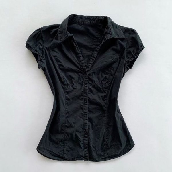Elegant Sexy Lapel Top Waist-fitted Tuck Pleated Button-up Y2K Shirt Women Clothes Summer Goes with