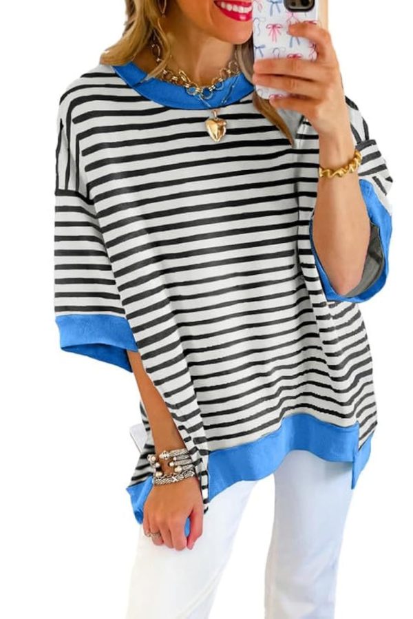 SHEWIN Womens Tops Casual Short Sleeve Sweatshirt Striped Shirt Crewneck Pullover T Shirts Loose Blouses