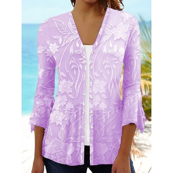 Women's T Shirt Floral Graphic Elegant Stylish Casual 3/4 Length Sleeve V Neck Regular Tops Daily Print Pink Blue Purple Beige Summer