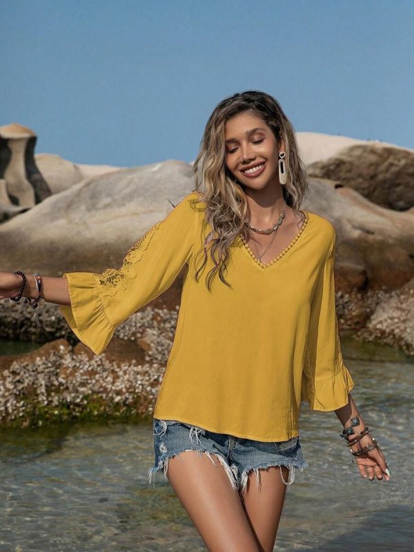Rusttydustty Women's Green V-Neck 7-Point Sleeve Shirt Boho Easter Beach Outfits Hawaii Coachella Music Festival Tropical Vacation
