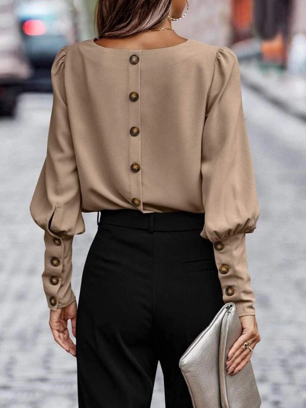 Women Casual Plain Spring/Fall Polyester Buttoned Micro-Elasticity Loose Long Sleeve Crew Neck T-shirts