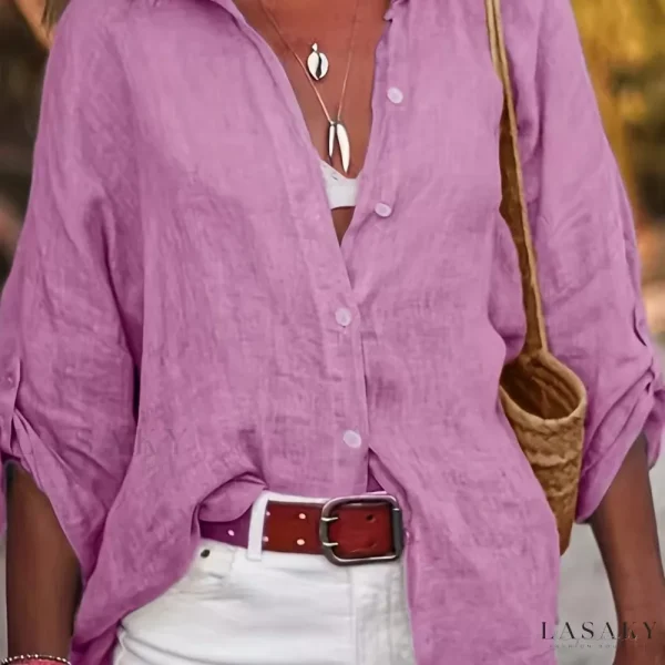 Lasaky - Womens Button-Front Shirt with Versatile Roll-Up Sleeves - Chic Spring & Fall Casualwear - Rose Red, M(6)