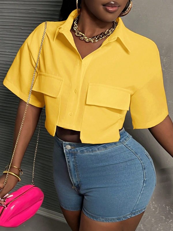 Casual Street Style White Polo Collar Pocket Cropped Top, Short Sleeve Women Shirt