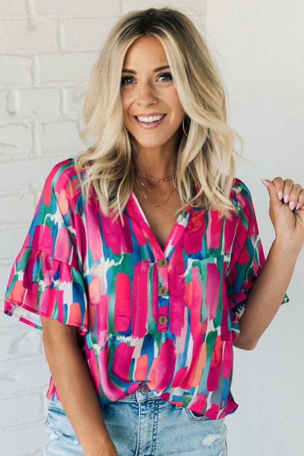 Work of Art Brushwork Print Buttoned V Neck Blouse