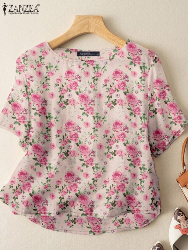 ZANZEA 2025 Summer Floral Printed Blouse Women Short Sleeve Holiday Tops Casual Loose Work Blusas