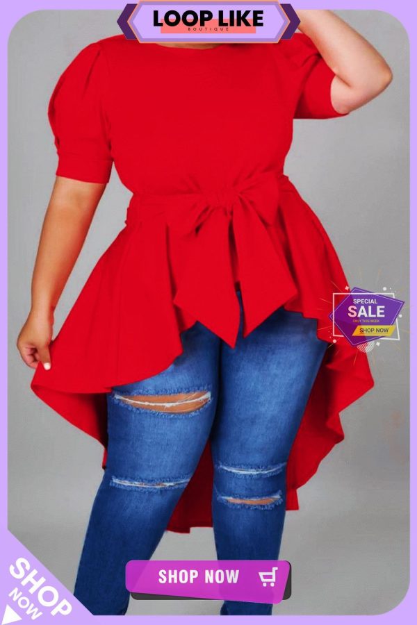 Bowknot Plus Size Irregular Hem Puff Sleeve Top