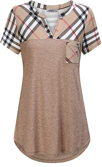 MOQIVGI Womens Short Sleeve Vneck Hi Low Hem Patchwork Tops with Pocket