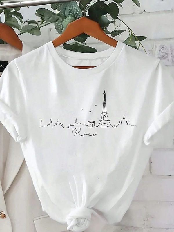 Women's T Shirt Cotton Shirt Letter Casual Short Sleeve Round Neck Regular Tops Daily Print Black White Summer 2025 - $19.99