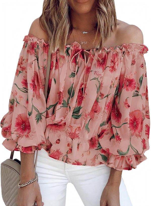 BLENCOT Summer Sexy Off Shoulder Tops for Women Boho Ruffle Sleeve Floral Chiffon Shirts Blouses