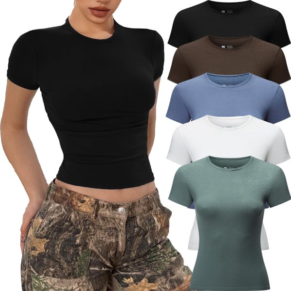 FMNNNN 5 Pack Women's Casual Basic Going Out Crop Tops Short Sleeve Slim Fit Sexy Crew Neck Tight T Shirts 2024 Y2k Clothes