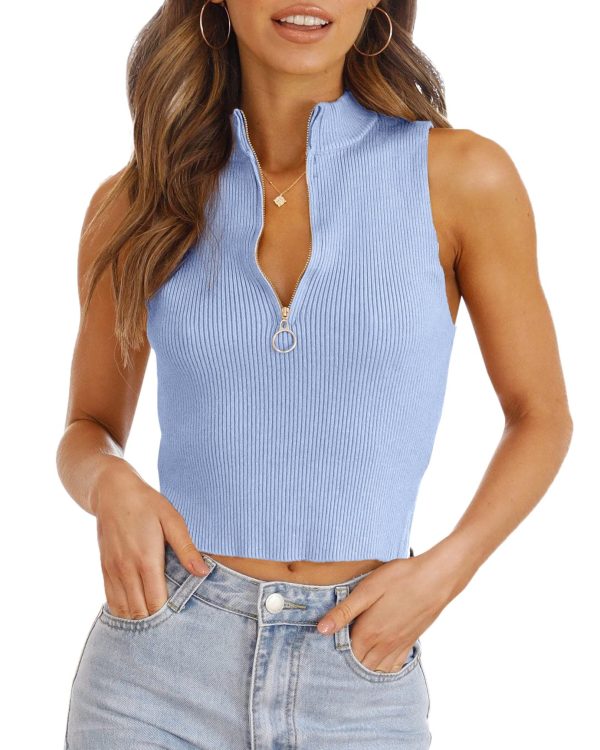 Imily Bela Womens Summer Zipper Knit Crop Tops Going Out Sweater Tank Fashion Sexy Y2k Sleeveless Shirts