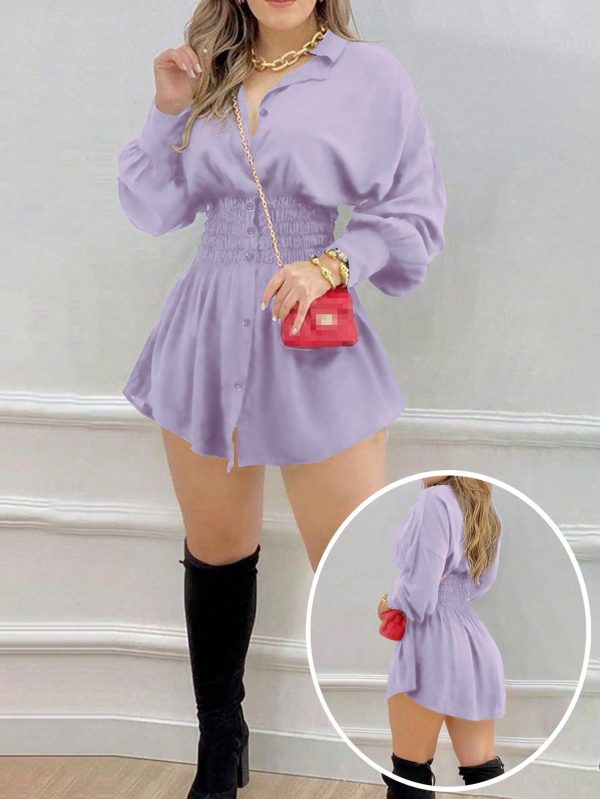 Women's Fashion Solid Color Cinched Waist Pleated Long Sleeve Shirt Dress, Ideal For Work, Spring/Summer