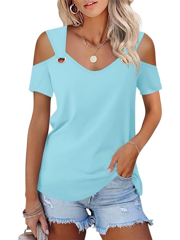 Minetom Women's Cold Shoulder Tops Short Sleeve V Neck T Shirts Basic Summer Tees
