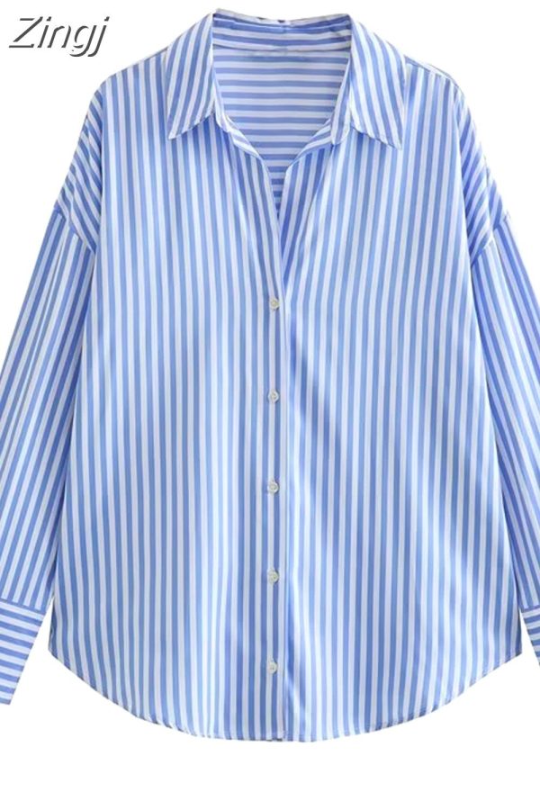 Zingj Striped Button Up Shirt Women Blue Collared Oversize Shirt Woman Fashion Loose Summer Blouses Woman 2023 Long Sleeve Top Blue Striped-L