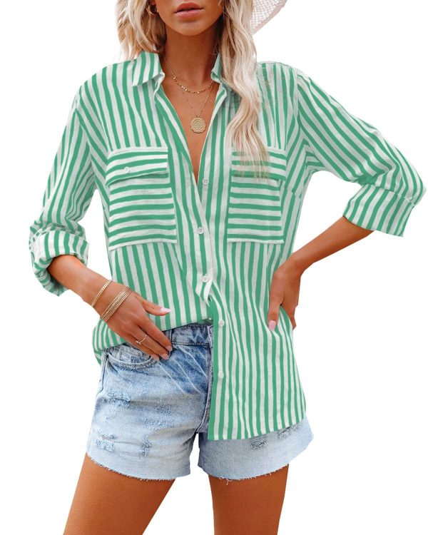 OMSJ Women's Striped Button Down Shirts Casual Long Sleeve Stylish V Neck Blouses Tops with Pockets