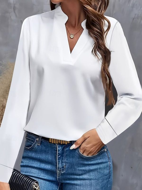 Women's Shirt Blouse Solid Color Daily Stylish Casual Long Sleeve V Neck Regular Tops Daily Black White Blue Fall Winter 2025 - $29.99