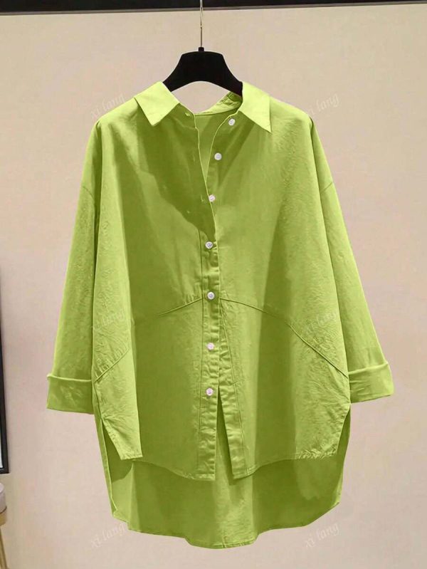 Women Simple Solid Color Button-Up Shirt,Ladies Casual High Low,Sheer Long Sleeve Collar Loose Regular Green Drop Shoulder Shirt Women Blouses,Spring/Fall ,Casual Daily Wear,Long Sleeve Tops