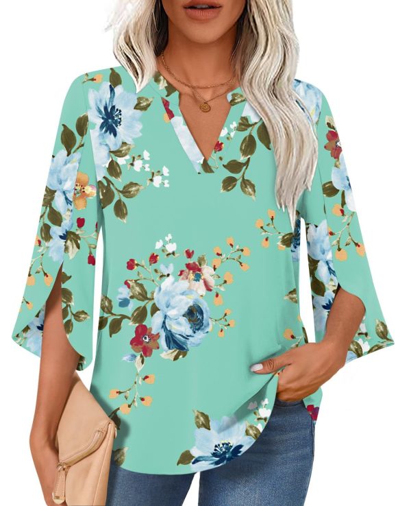 Findsweet Women Blouses Dressy Casual 3/4 Sleeve Tops Business Work Chiffon Office V Neck Shirts M-3XL
