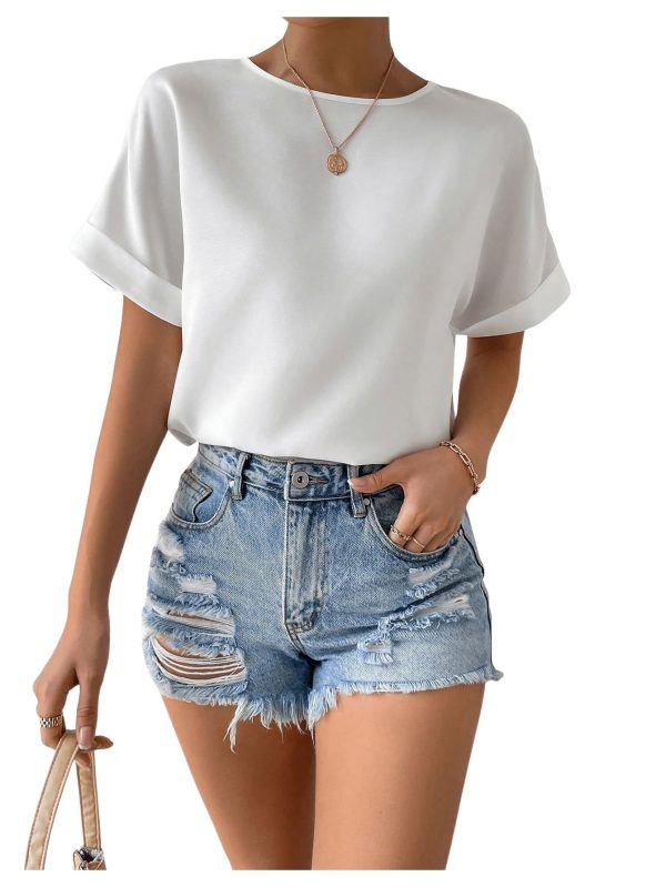 Floerns Women's Casual Solid Rolled Cap Short Sleeve Satin Silk Blouse Tops