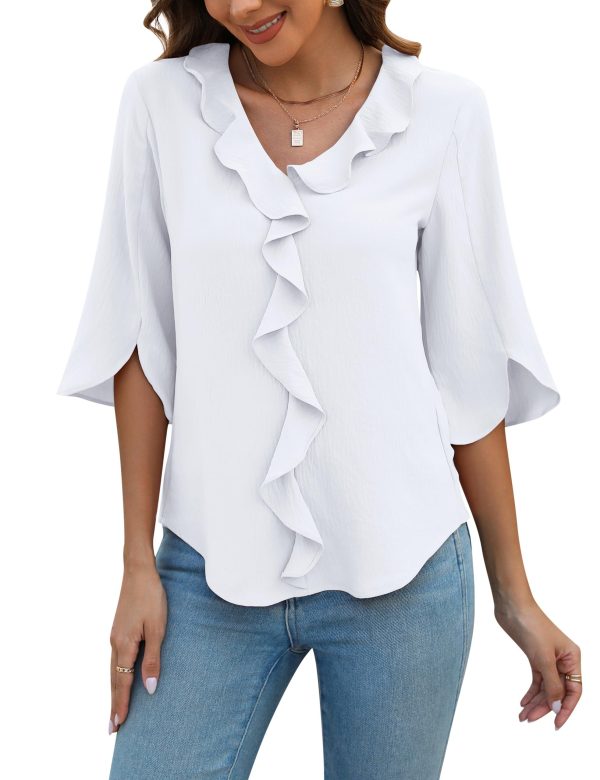 Blooming Jelly Womens Dressy Casual Blouses 3/4 Sleeve V Neck Ruffle Tops Business Ladies Summer 2025 Trendy Work Shirt