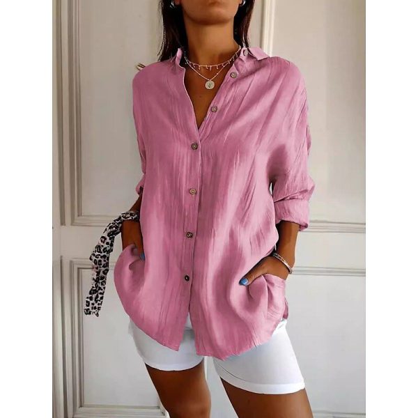 Women's Shirt Cotton Linen Shirts Button Up Blouse Solid Color Basic Casual Long Sleeve Bishop Sleeve Shirt Collar Regular Tops Vacation Daily Patchwork Buttons Pink Blue Khaki Fall Winter