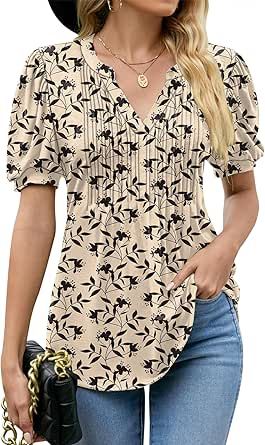 LOMON Womens Summer Tops 2025 Trendy Short Sleeve V Neck T Shirts Casual Dressy Loose Pleated Basic Tunic Blouse