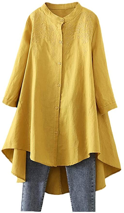 Minibee Women's Cotton Linen Shirt High Low Button Down Embroidered Blouse Long Sleeve Tunic Tops