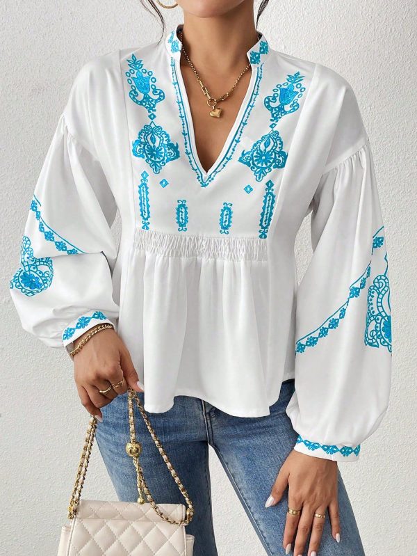 Women's Shirred Graphic Print Long Sleeve Button Shirt Peplum Top