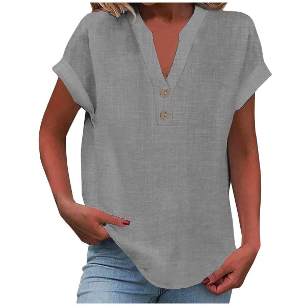 Summer Tops for Women 2025 Trendy Short Sleeve Cotton Linen Shirt Casual Button v Neck Tunic Blouses Outfits