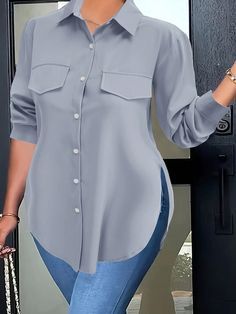 Plus Size Women Fashion Elegant Solid Color Side Slit Blouse