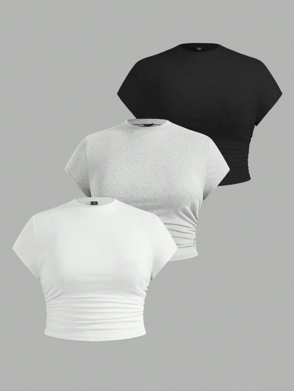 3pcs/Set Plus Size Women Solid Color Casual T-Shirts, Fashionable For Summer