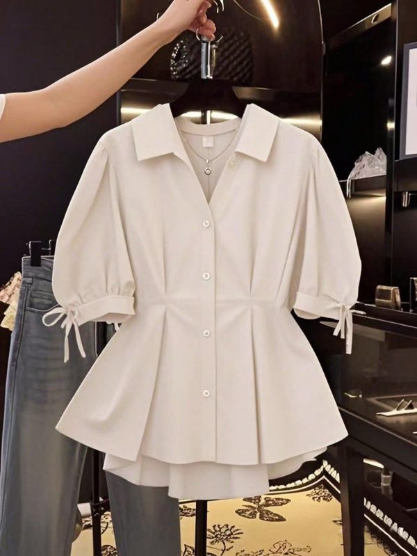 Elegant Short Sleeve Blouse, Waist Cinching, Belly Covering, Puff Sleeve Women Shirt Top