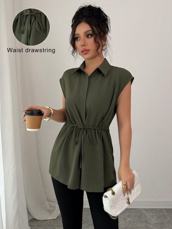 Women's Solid Color Casual Vacation Commuting Shirt With Collar, Button Placket, Cinched Waist, Dropped Shoulder, A-Line Shirt Top