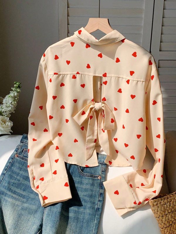 Women's Casual Heart Print Back Tie Shirt