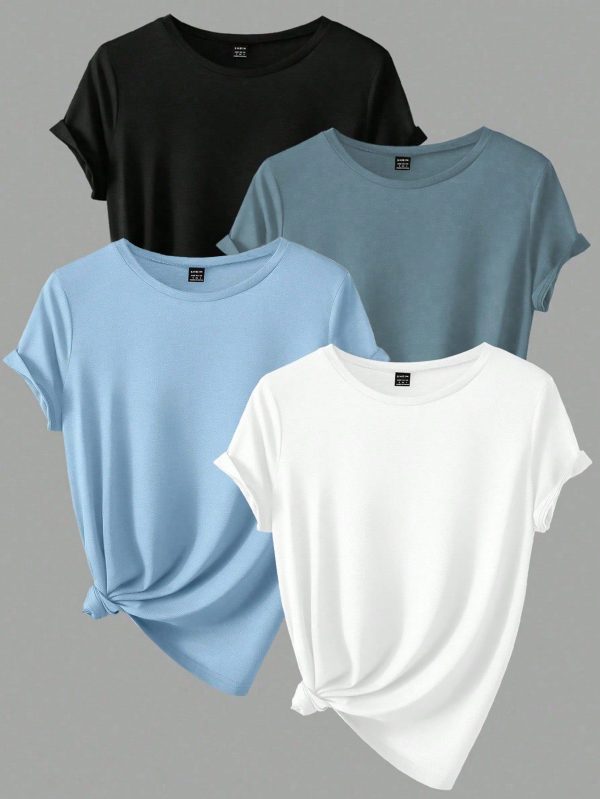 4pcs Women's Solid Color Casual Crew Neck Short Sleeve T-Shirt Set